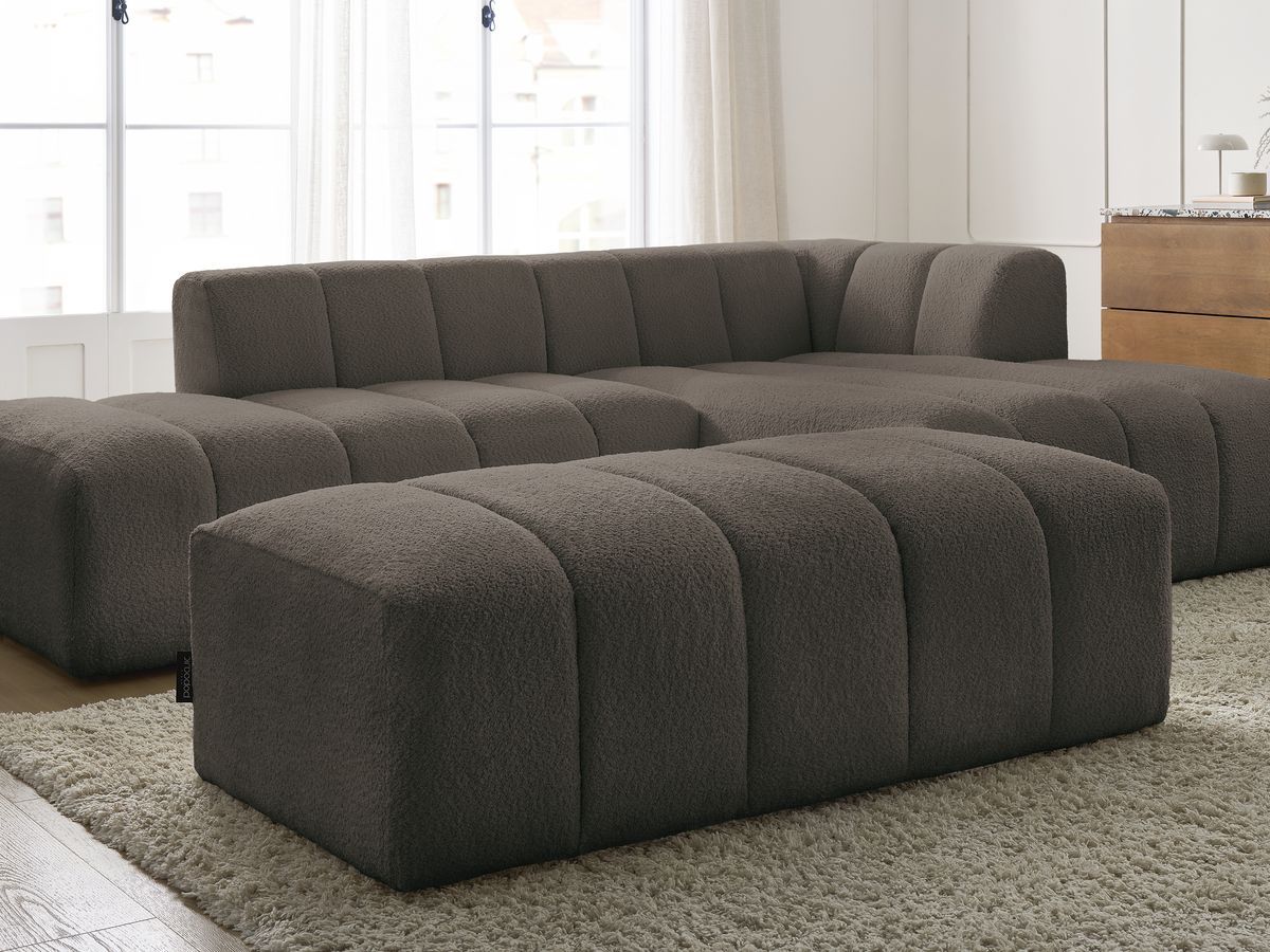 Canapé d'angle fixe modulable ANNECY tissu bouclette avec pouf