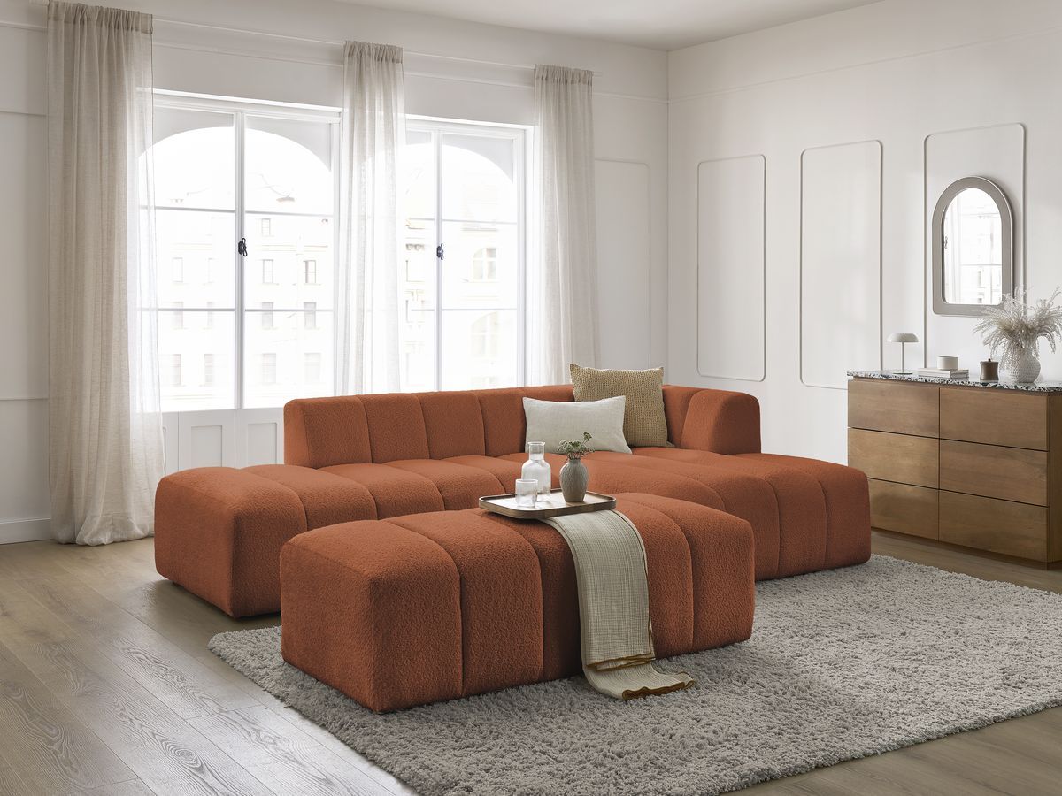 Canapé d'angle fixe modulable ANNECY tissu bouclette avec pouf