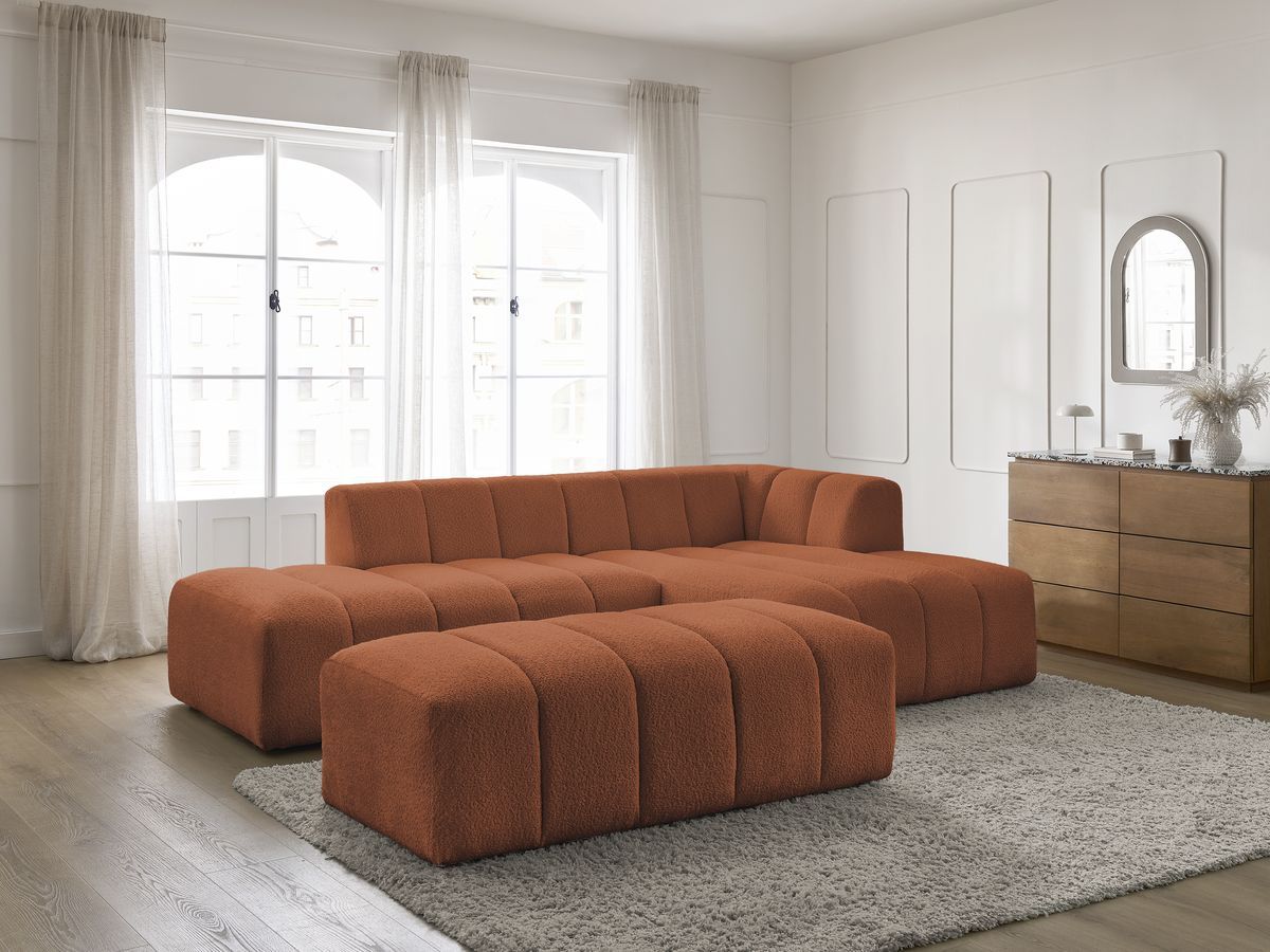 Canapé d'angle fixe modulable ANNECY tissu bouclette avec pouf