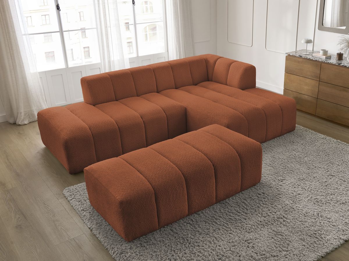 Canapé d'angle fixe modulable ANNECY tissu bouclette avec pouf