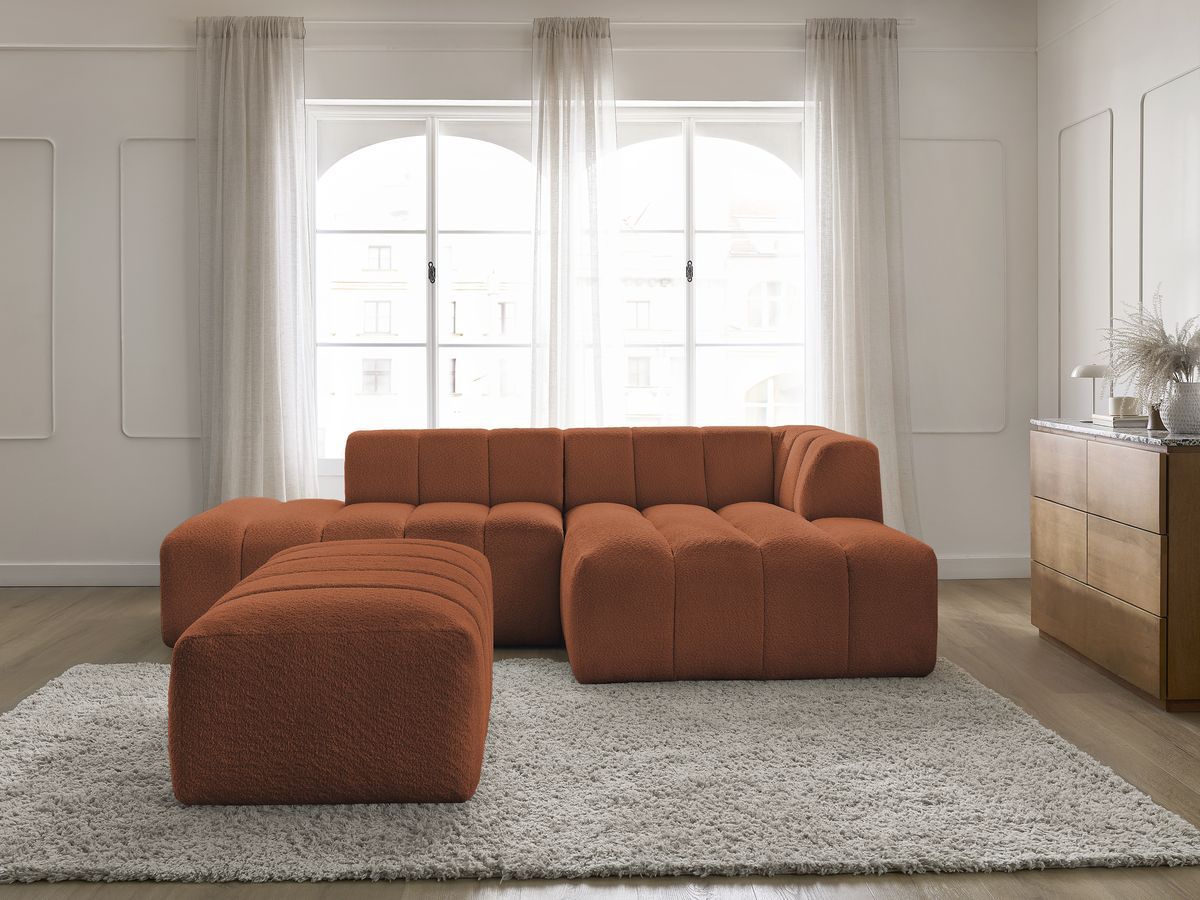 Canapé d'angle fixe modulable ANNECY tissu bouclette avec pouf