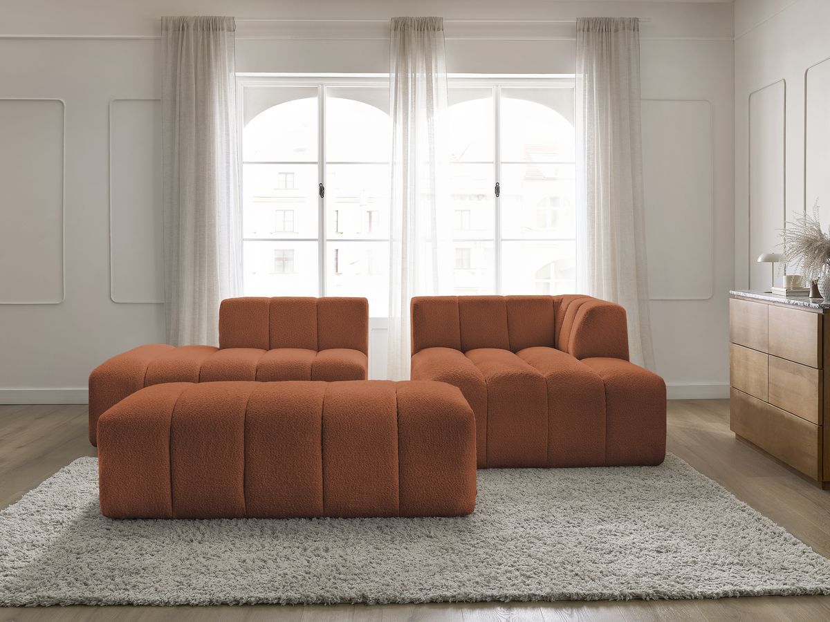 Canapé d'angle fixe modulable ANNECY tissu bouclette avec pouf