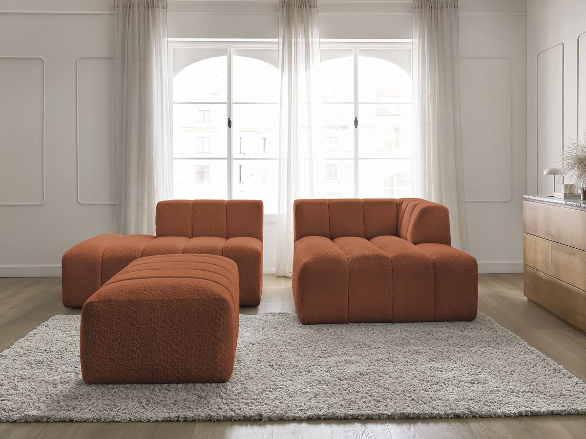 Canapé d'angle fixe modulable ANNECY tissu bouclette avec pouf