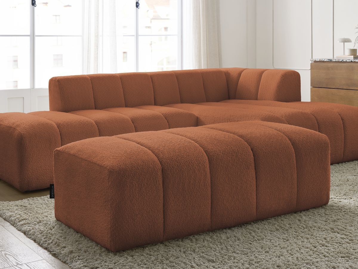 Canapé d'angle fixe modulable ANNECY tissu bouclette avec pouf
