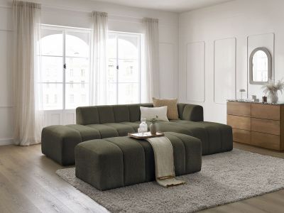 Canapé d'angle fixe modulable ANNECY tissu bouclette avec pouf