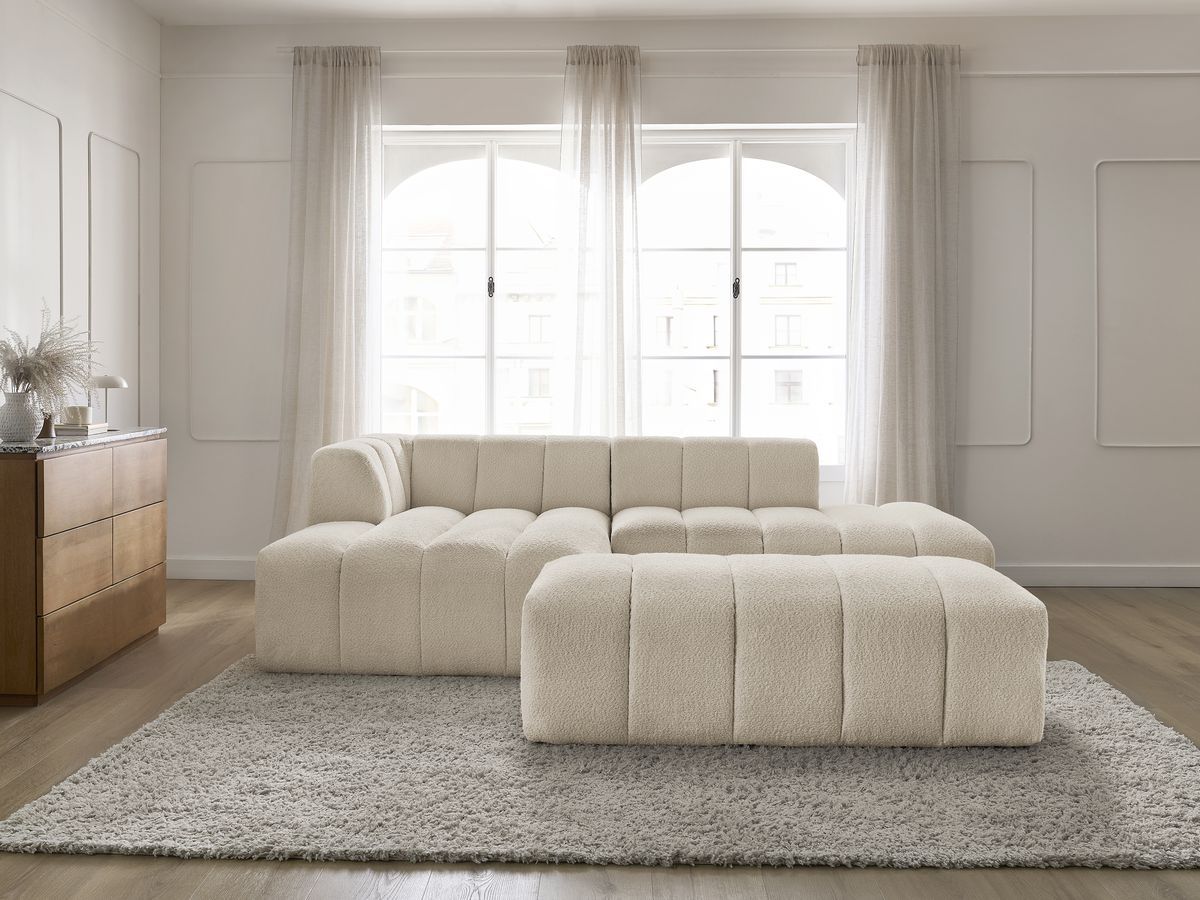 Canapé d'angle fixe modulable ANNECY tissu bouclette avec pouf beige angle gauche BOBOCHIC 4 places - Vue supplémentaire 3
