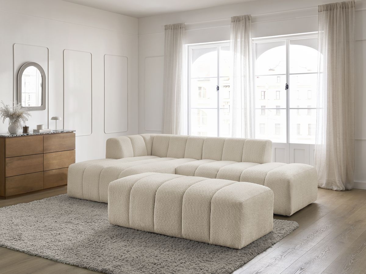 Canapé d'angle fixe modulable ANNECY tissu bouclette avec pouf