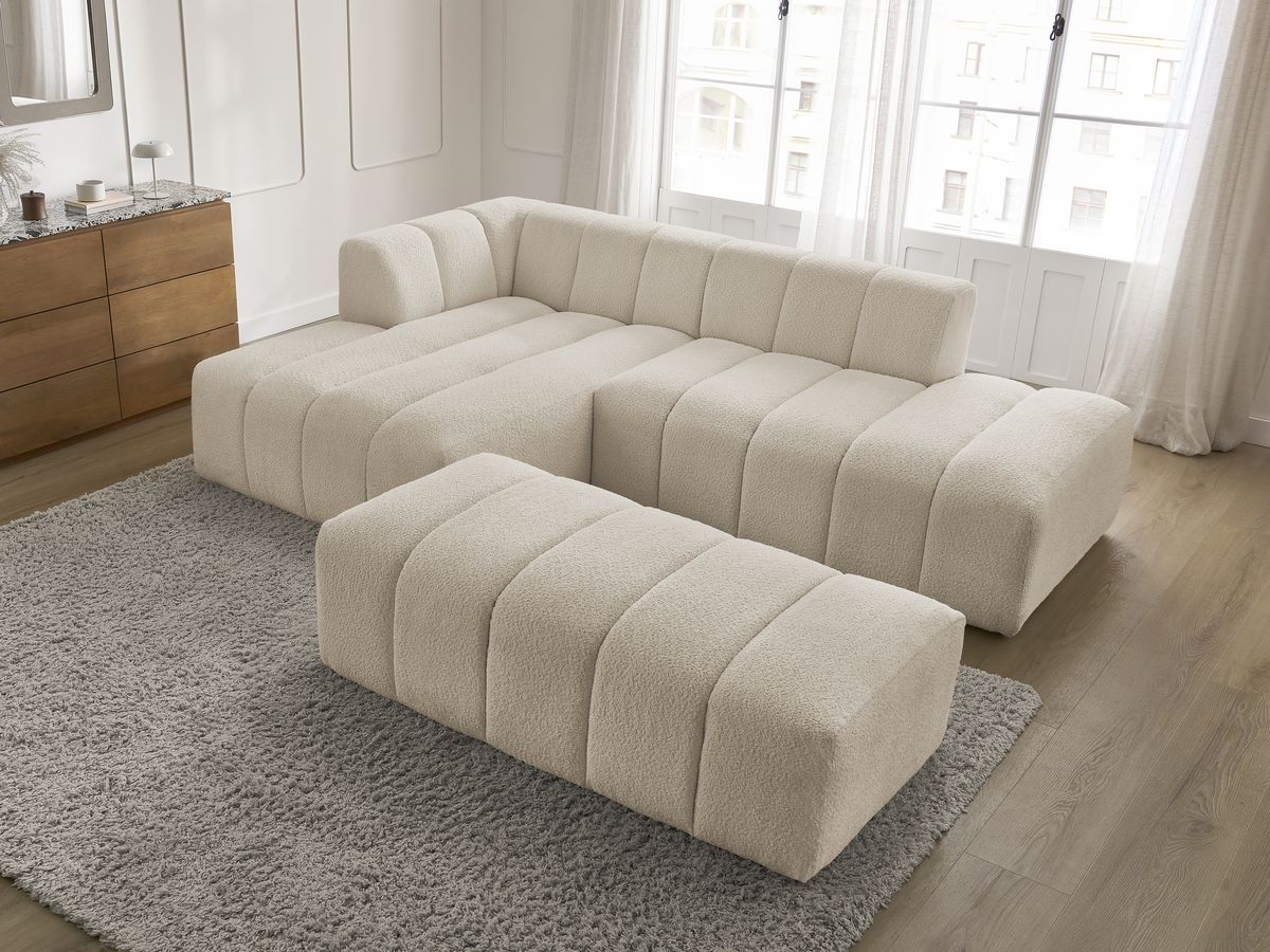 Canapé d'angle fixe modulable ANNECY tissu bouclette avec pouf