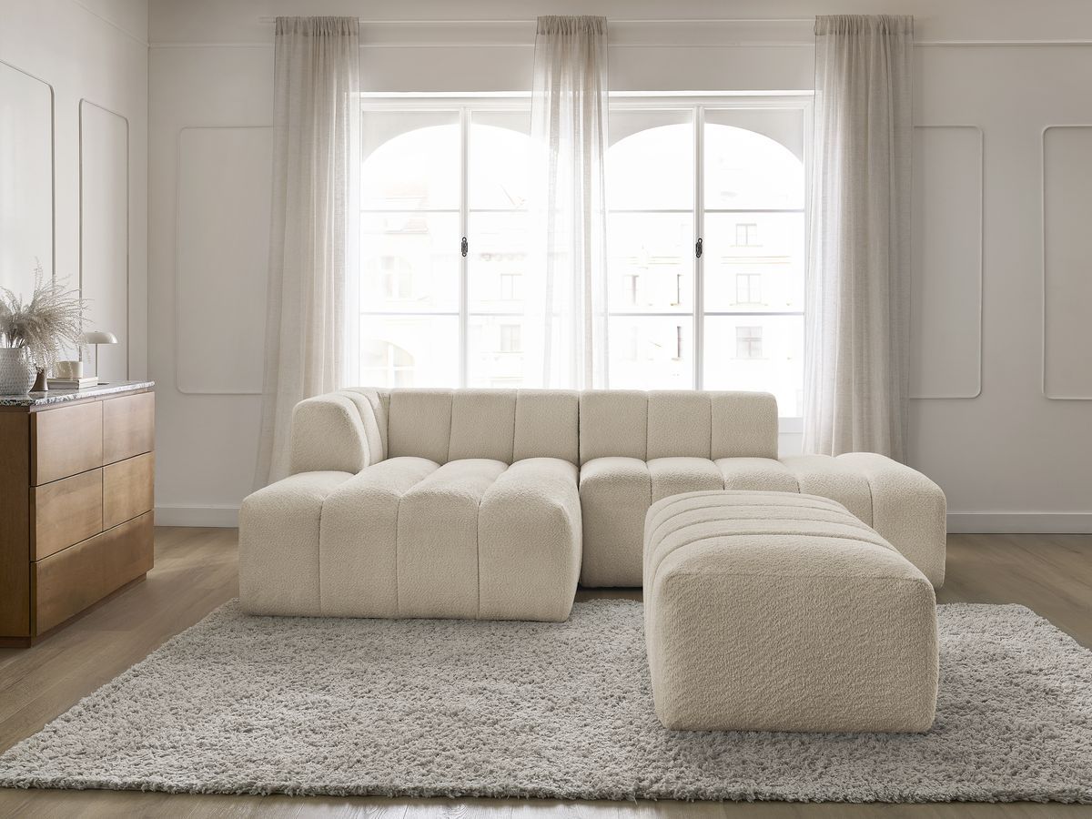 Canapé d'angle fixe modulable ANNECY tissu bouclette avec pouf