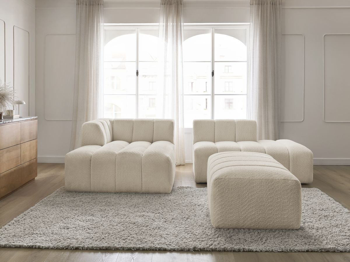 Canapé d'angle fixe modulable ANNECY tissu bouclette avec pouf