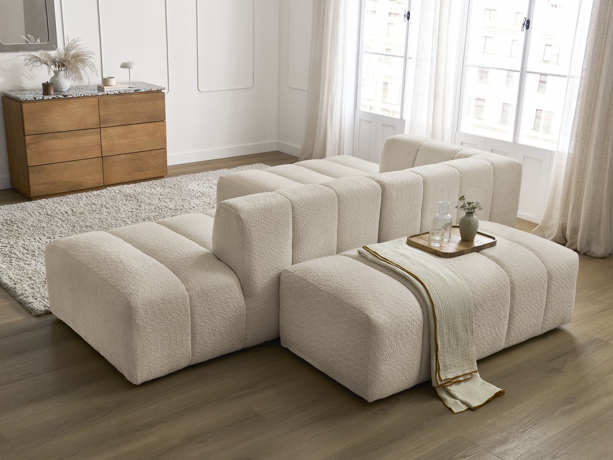 Canapé d'angle fixe modulable ANNECY tissu bouclette avec pouf