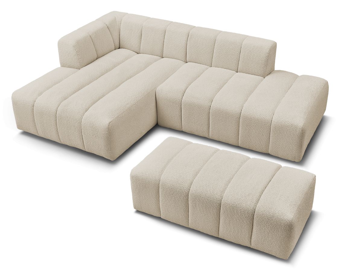 Canapé d'angle fixe modulable ANNECY tissu bouclette avec pouf