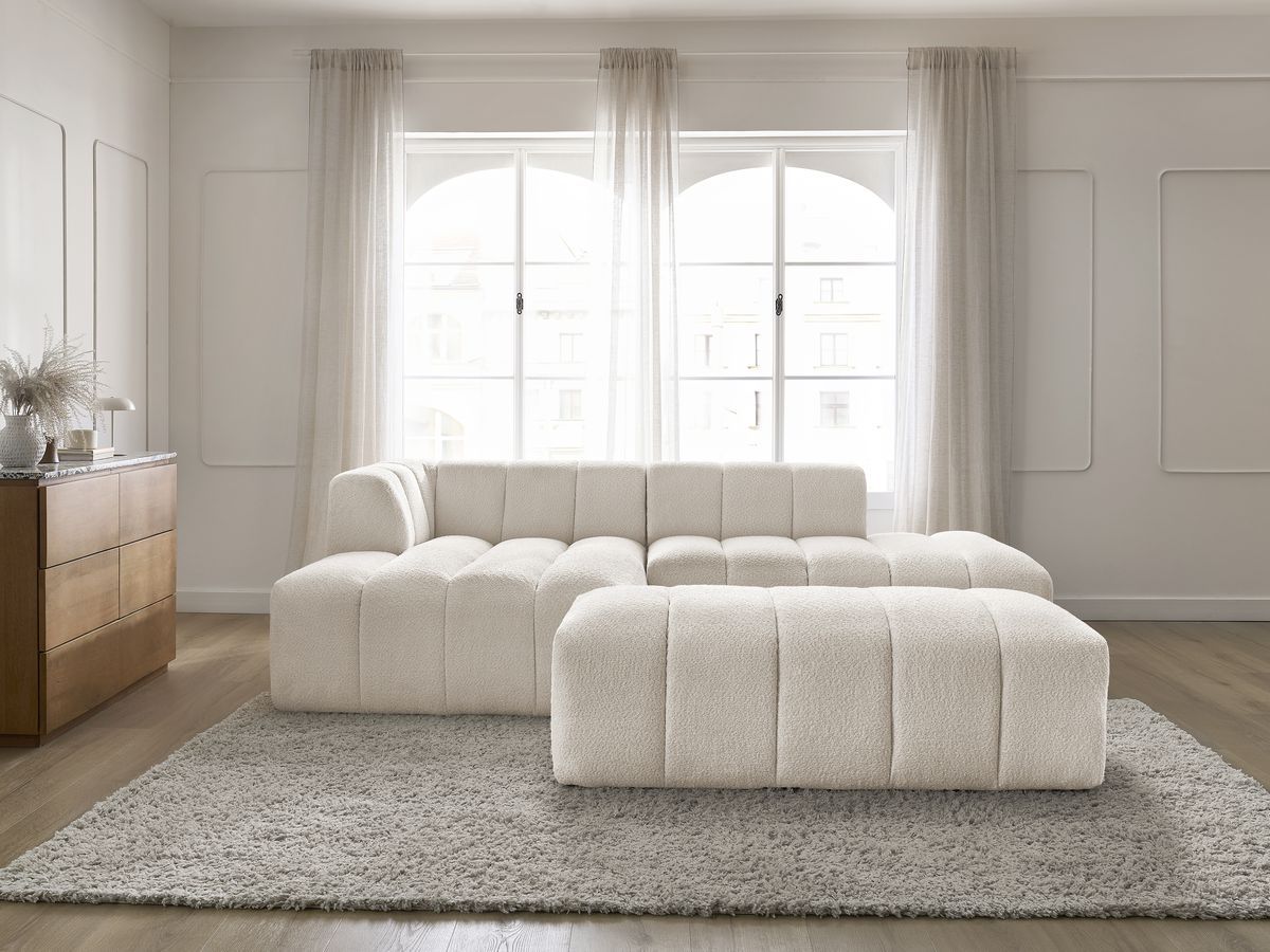 Canapé d'angle fixe modulable ANNECY tissu bouclette avec pouf blanc angle gauche BOBOCHIC 4 places - Vue supplémentaire 3