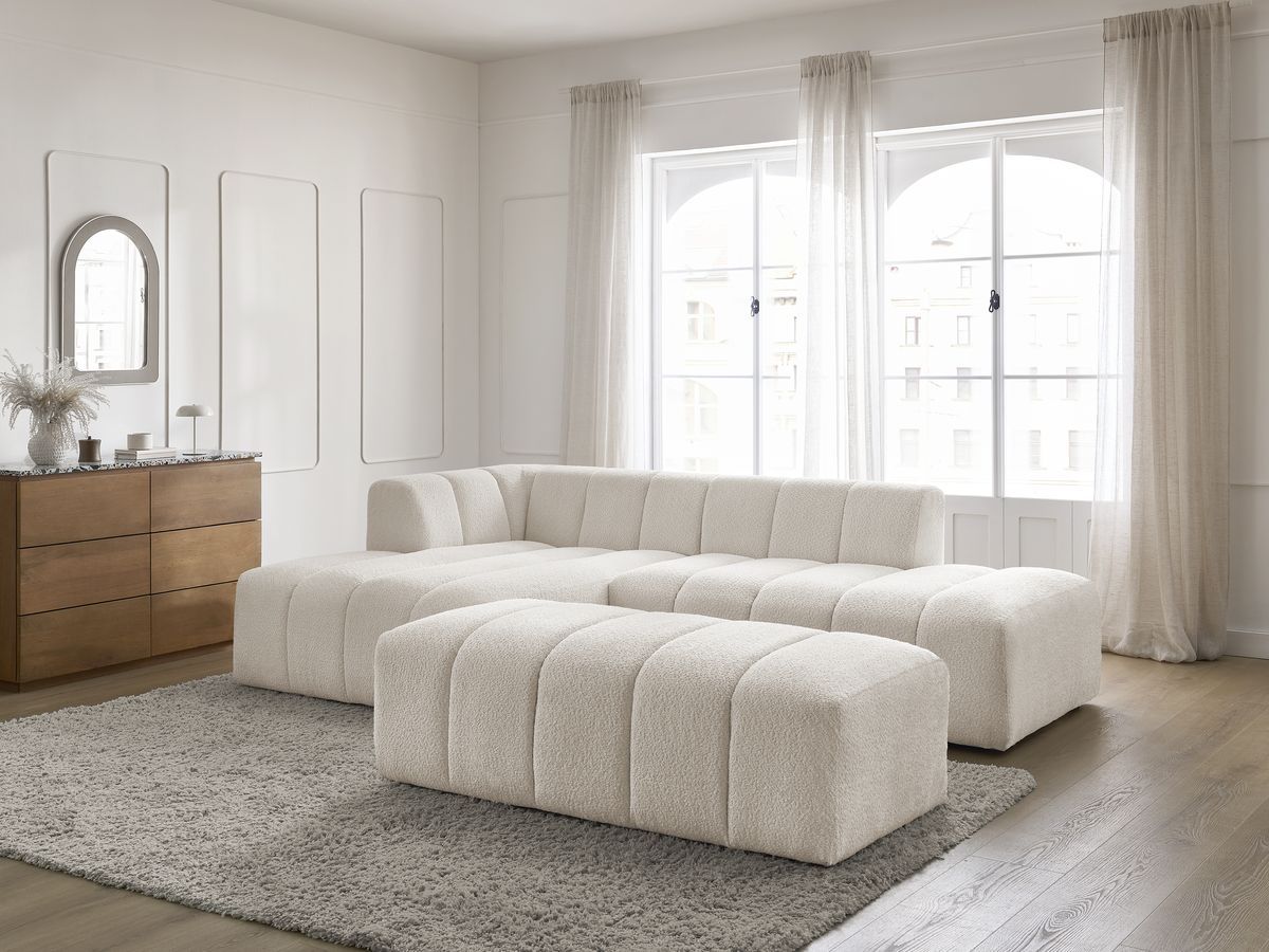 Canapé d'angle fixe modulable ANNECY tissu bouclette avec pouf