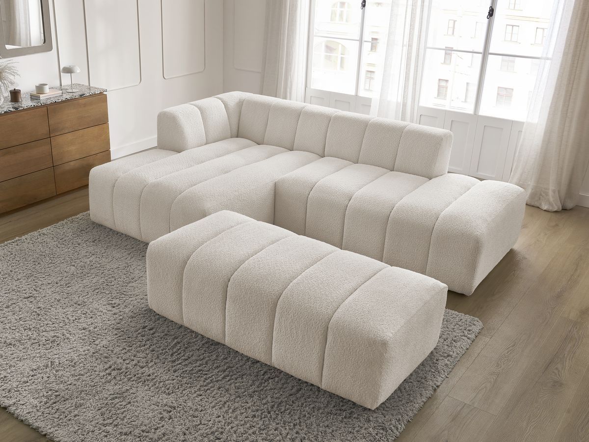 Canapé d'angle fixe modulable ANNECY tissu bouclette avec pouf