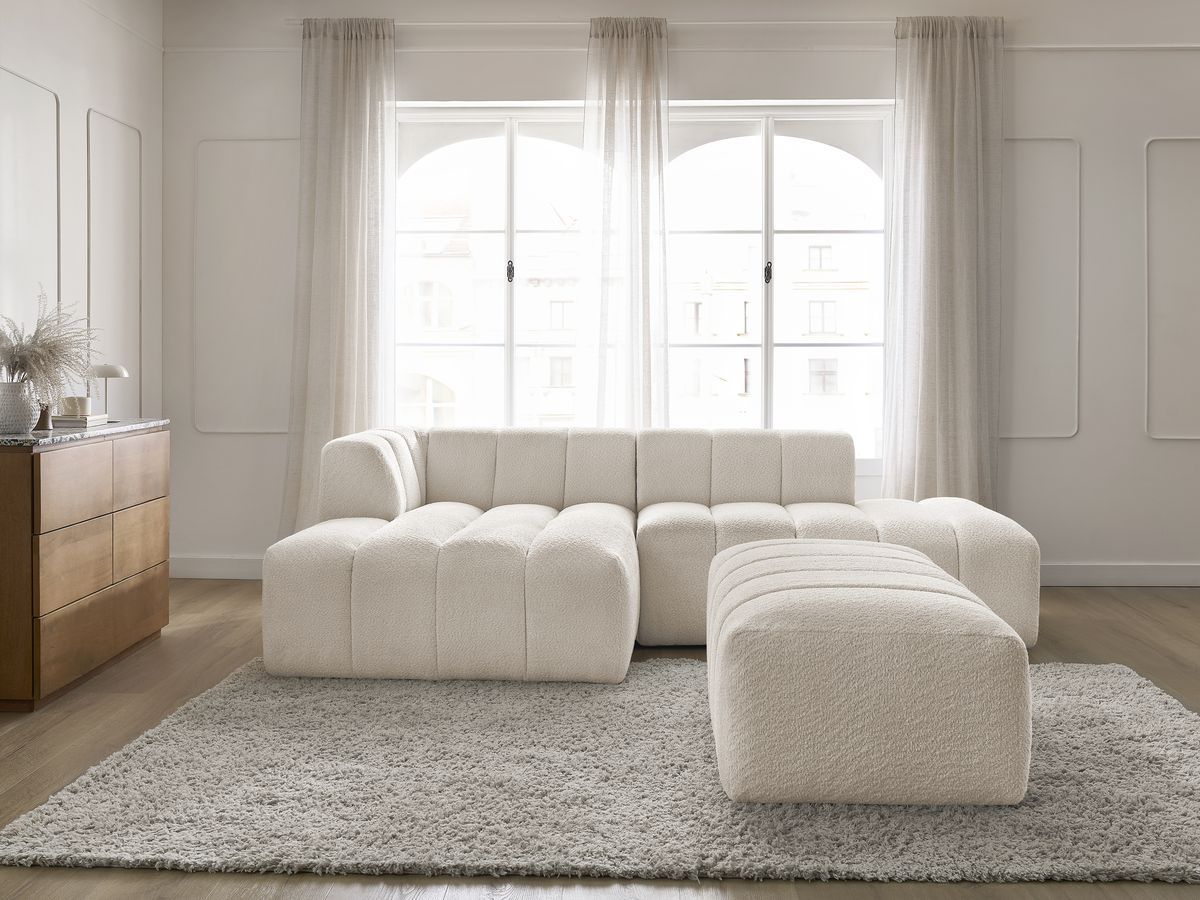 Canapé d'angle fixe modulable ANNECY tissu bouclette avec pouf