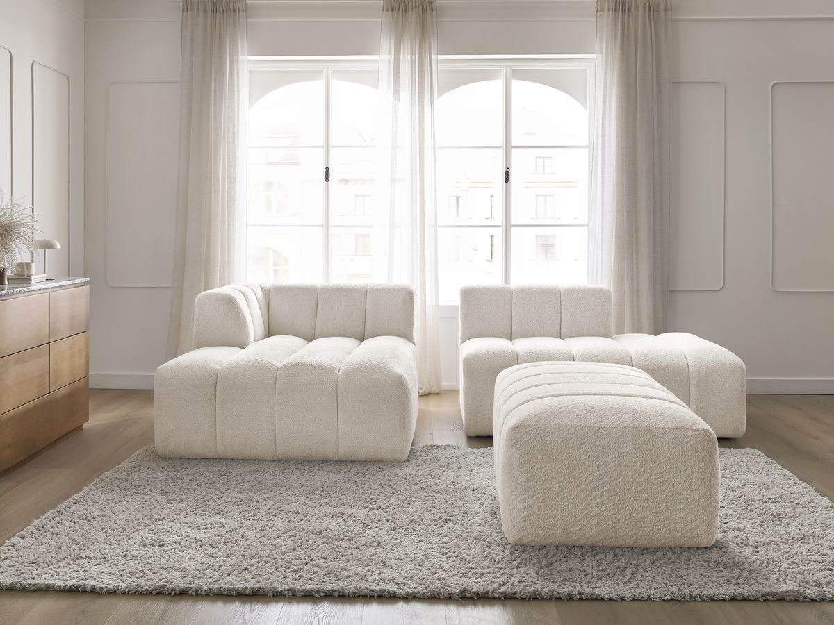Canapé d'angle fixe modulable ANNECY tissu bouclette avec pouf