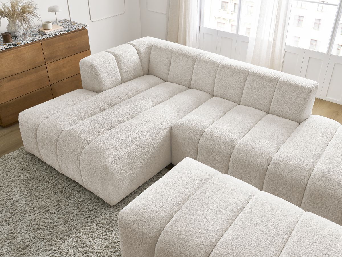 Canapé d'angle fixe modulable ANNECY tissu bouclette avec pouf