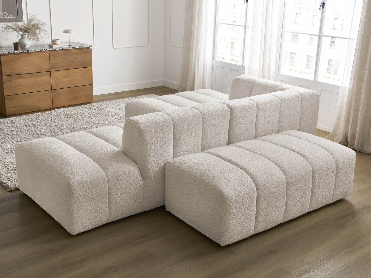 Canapé d'angle fixe modulable ANNECY tissu bouclette avec pouf