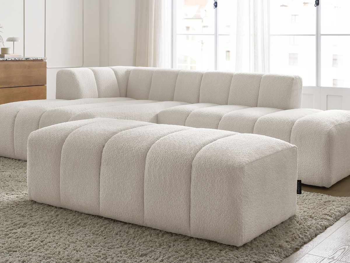 Canapé d'angle fixe modulable ANNECY tissu bouclette avec pouf