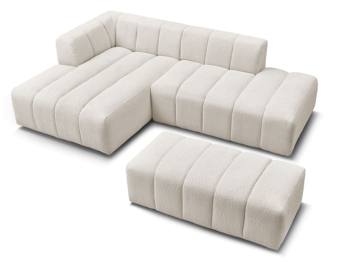 Canapé d'angle fixe modulable ANNECY tissu bouclette avec pouf