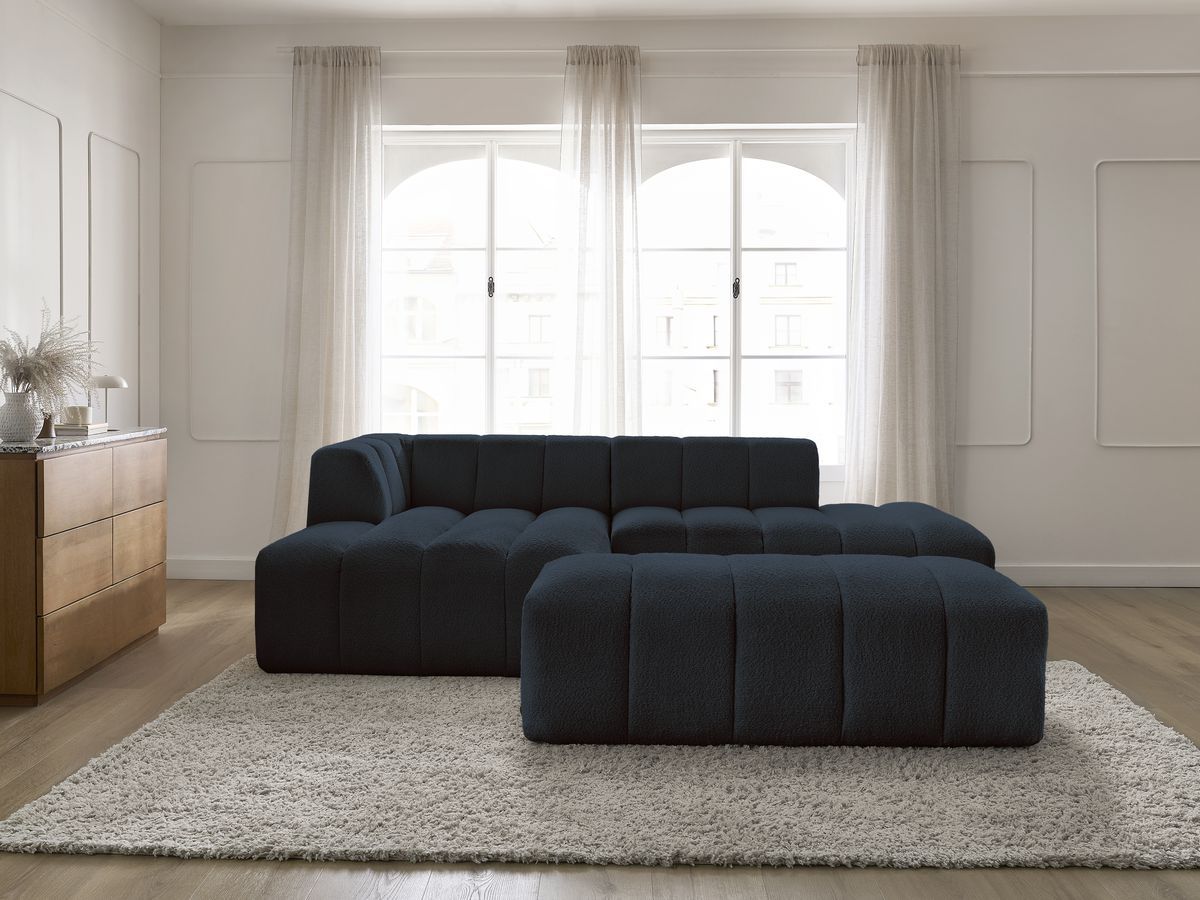 Canapé d'angle fixe modulable ANNECY tissu bouclette avec pouf bleu foncé angle gauche BOBOCHIC 4 places - Vue supplémentaire 3