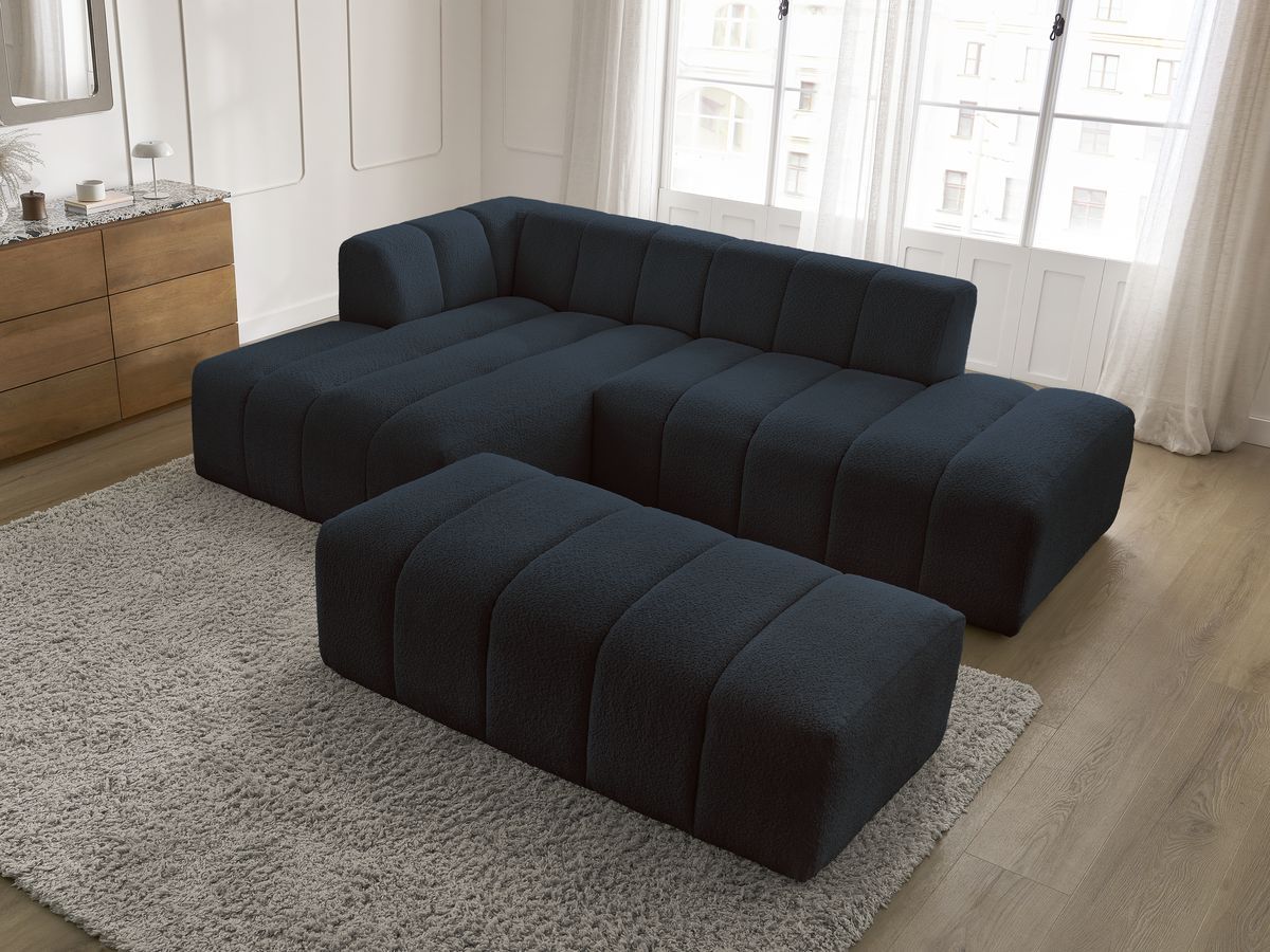 Canapé d'angle fixe modulable ANNECY tissu bouclette avec pouf
