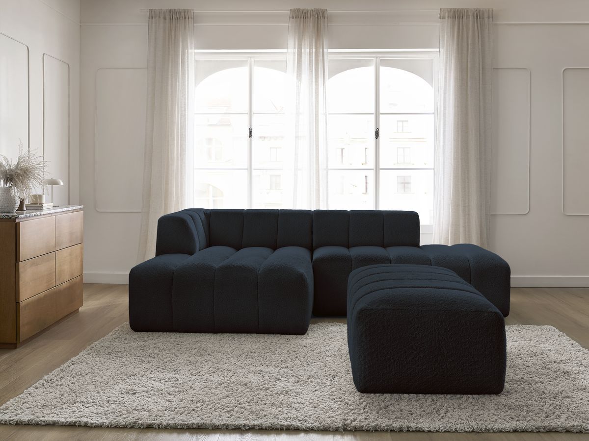 Canapé d'angle fixe modulable ANNECY tissu bouclette avec pouf