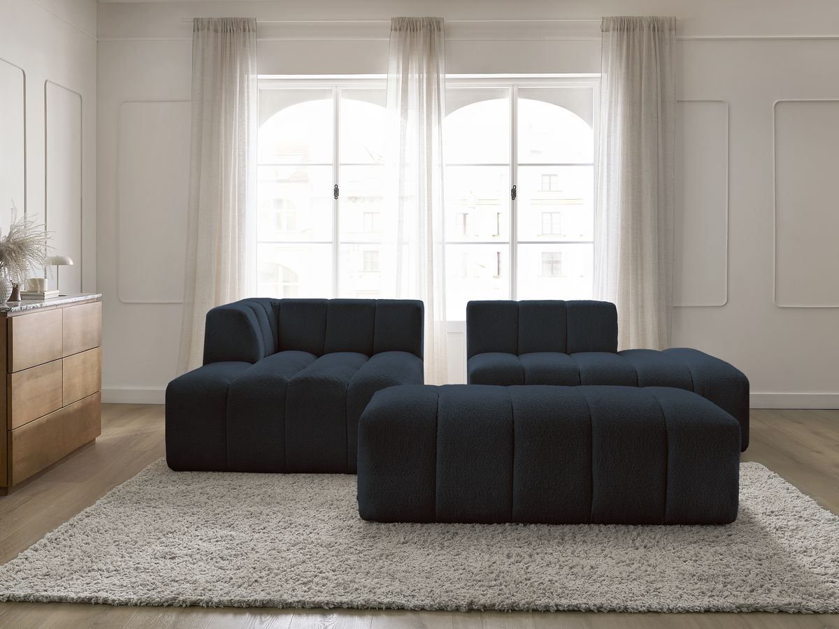 Canapé d'angle fixe modulable ANNECY tissu bouclette avec pouf