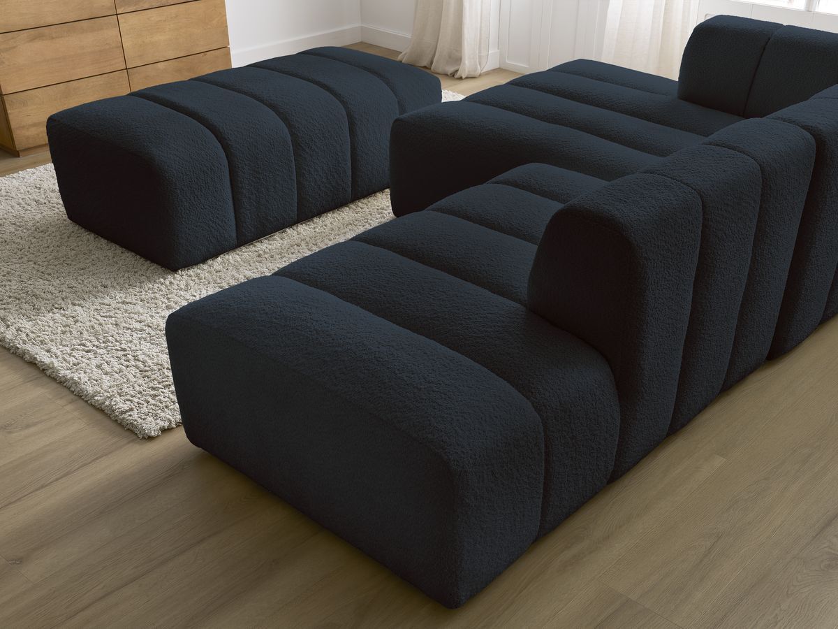 Canapé d'angle fixe modulable ANNECY tissu bouclette avec pouf
