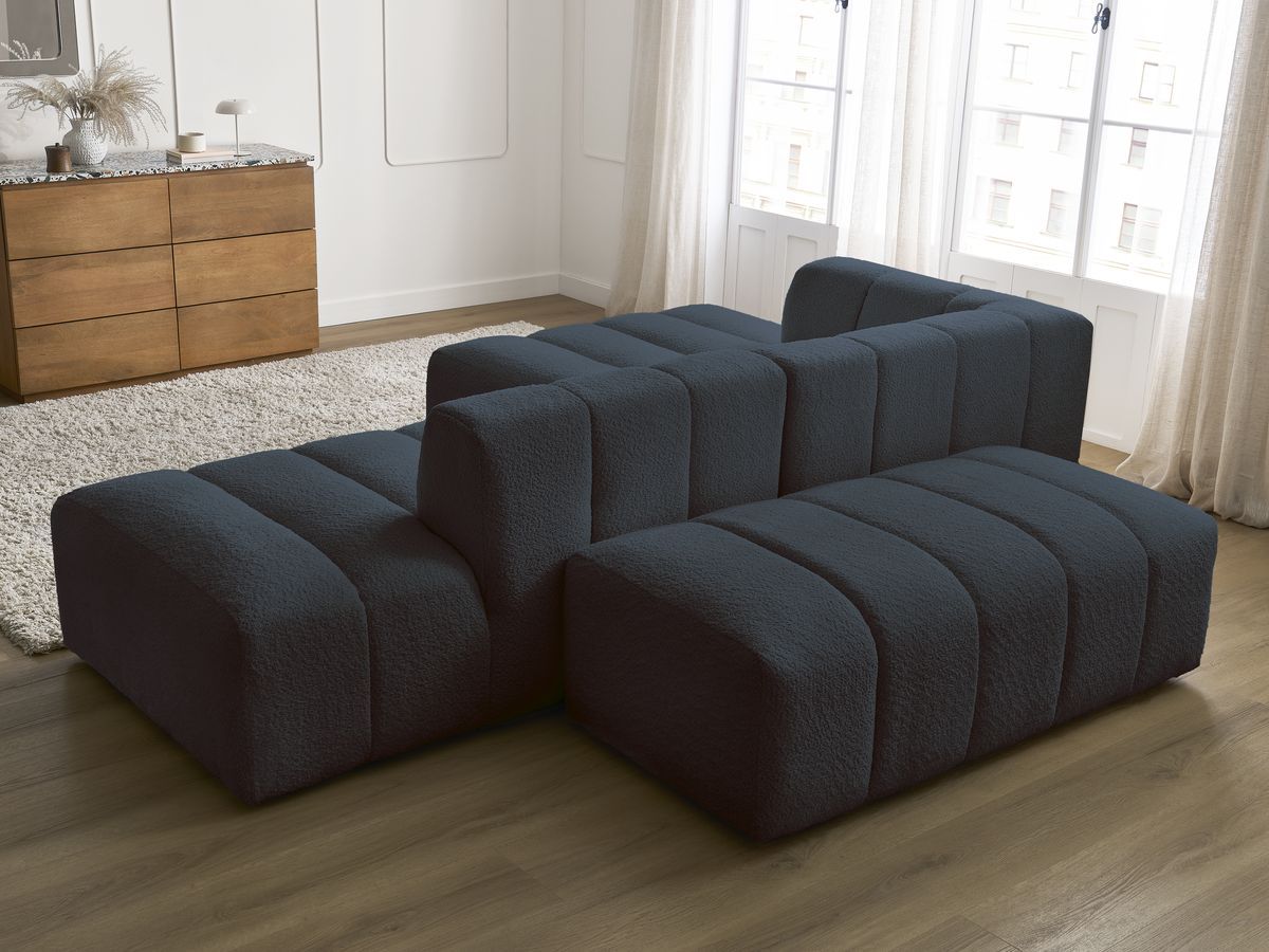 Canapé d'angle fixe modulable ANNECY tissu bouclette avec pouf