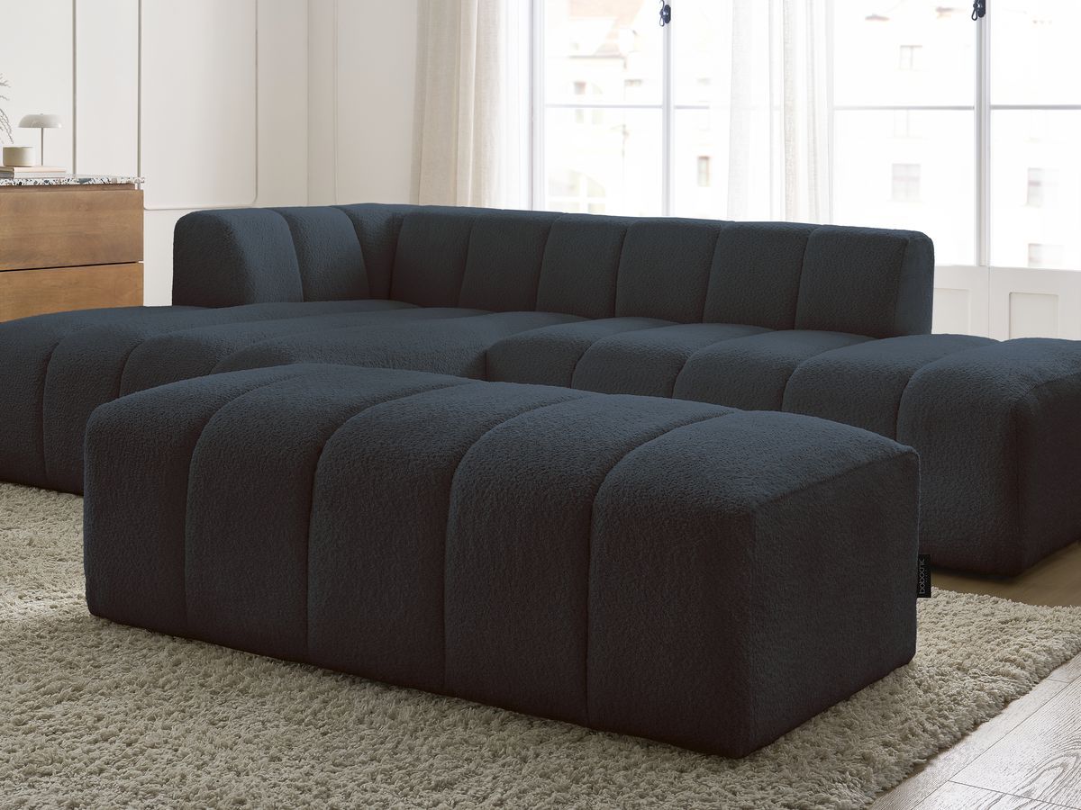 Canapé d'angle fixe modulable ANNECY tissu bouclette avec pouf