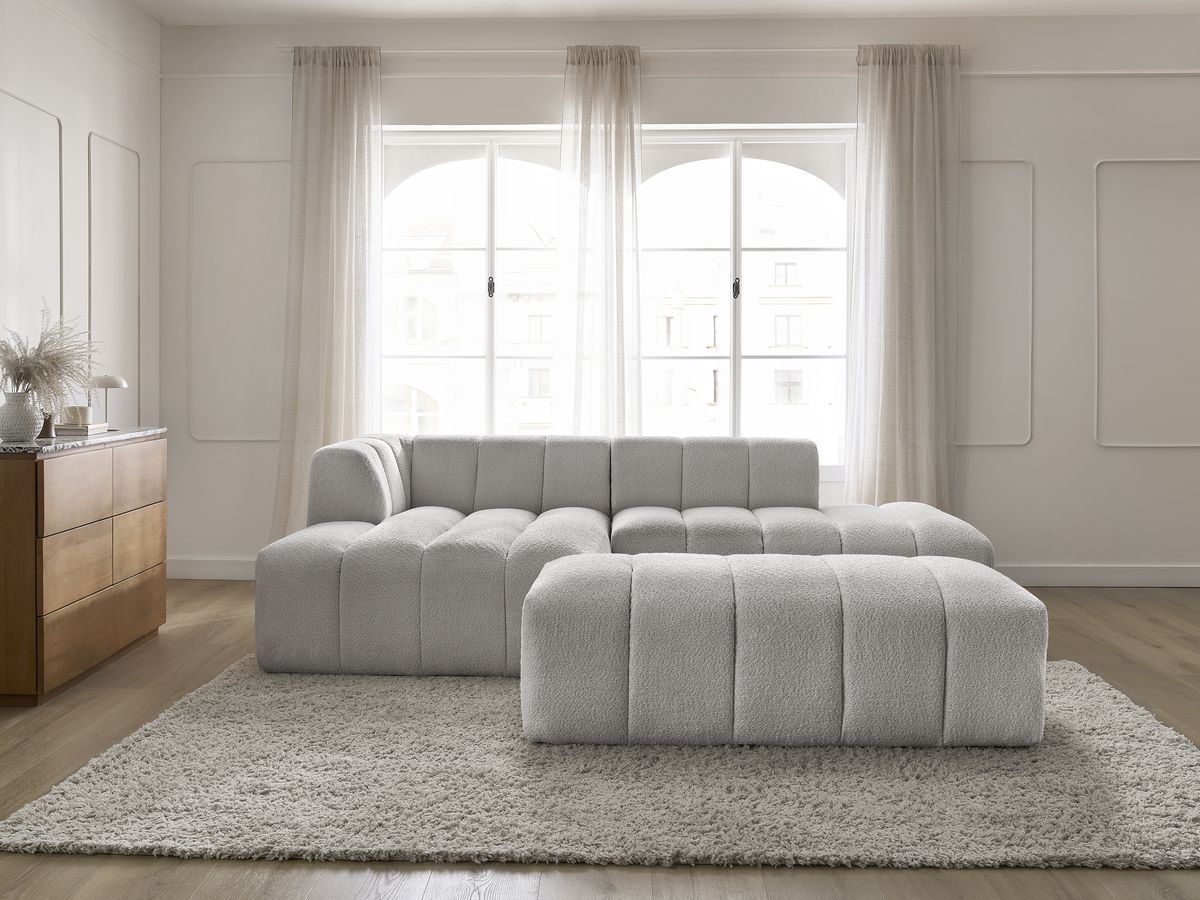 Canapé d'angle fixe modulable ANNECY tissu bouclette avec pouf gris clair angle gauche BOBOCHIC 4 places - Vue supplémentaire 3