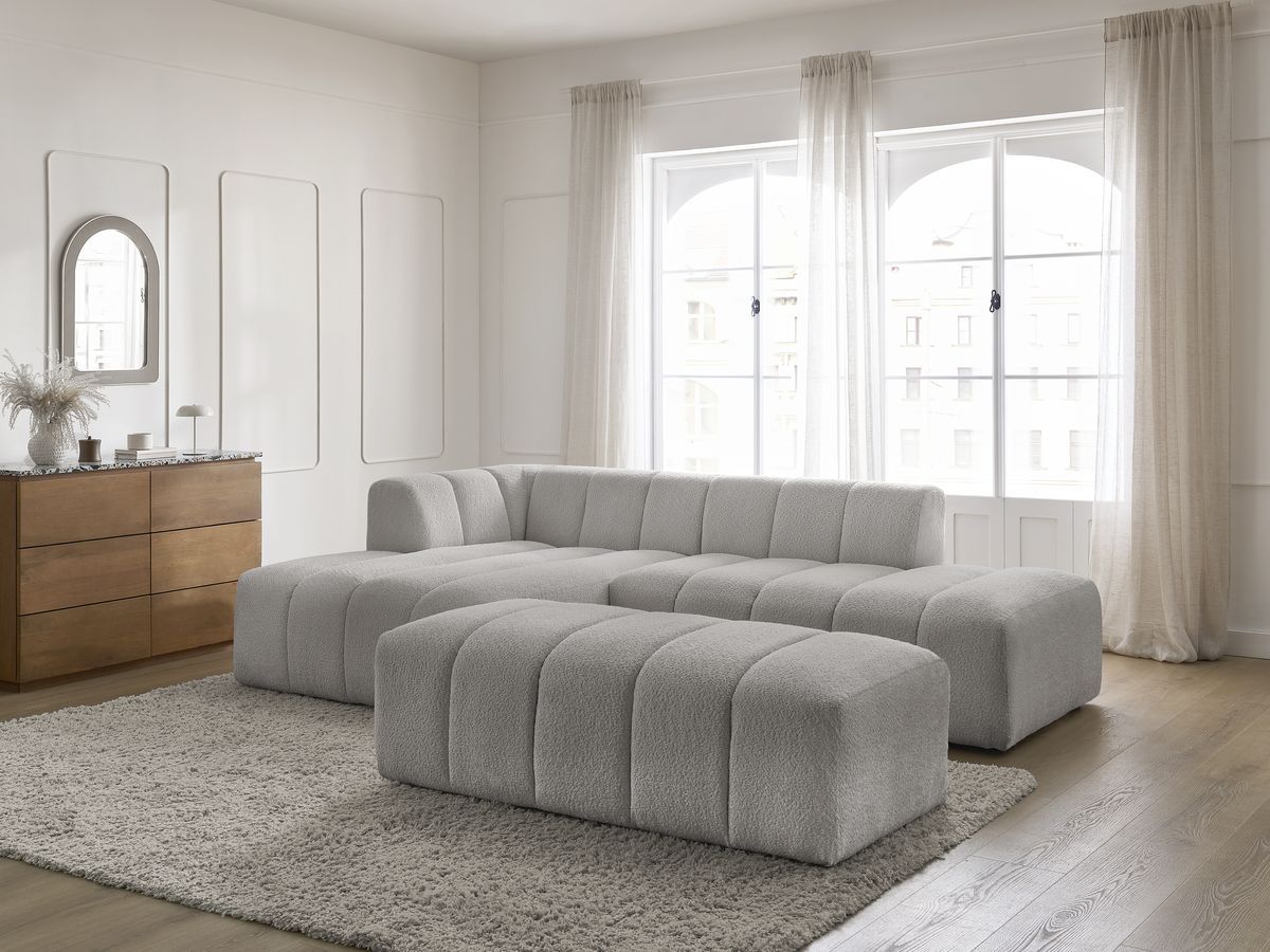 Canapé d'angle fixe modulable ANNECY tissu bouclette avec pouf
