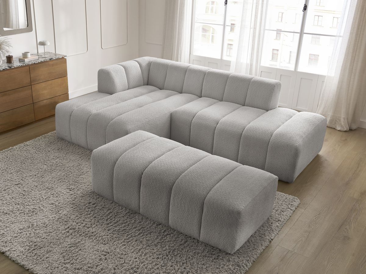 Canapé d'angle fixe modulable ANNECY tissu bouclette avec pouf