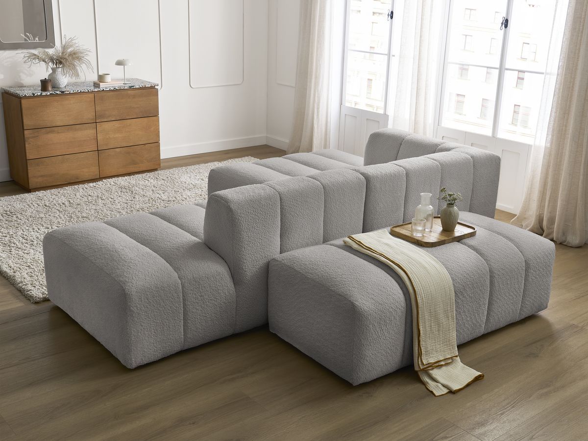Canapé d'angle fixe modulable ANNECY tissu bouclette avec pouf