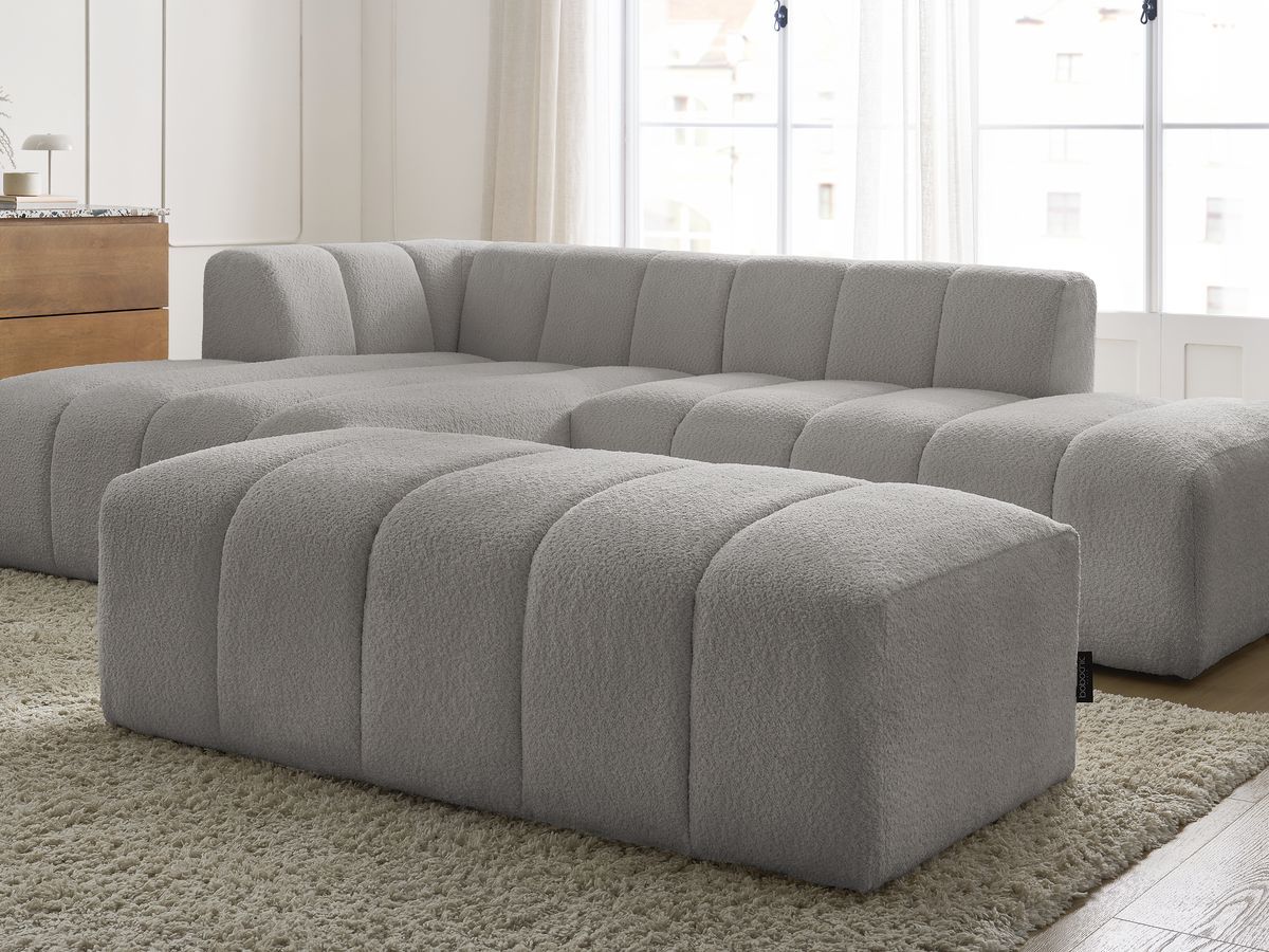Canapé d'angle fixe modulable ANNECY tissu bouclette avec pouf