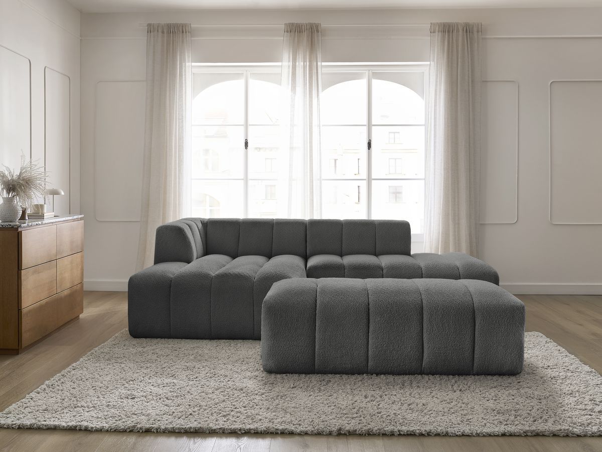 Canapé d'angle fixe modulable ANNECY tissu bouclette avec pouf gris foncé angle gauche BOBOCHIC 4 places - Vue supplémentaire 3