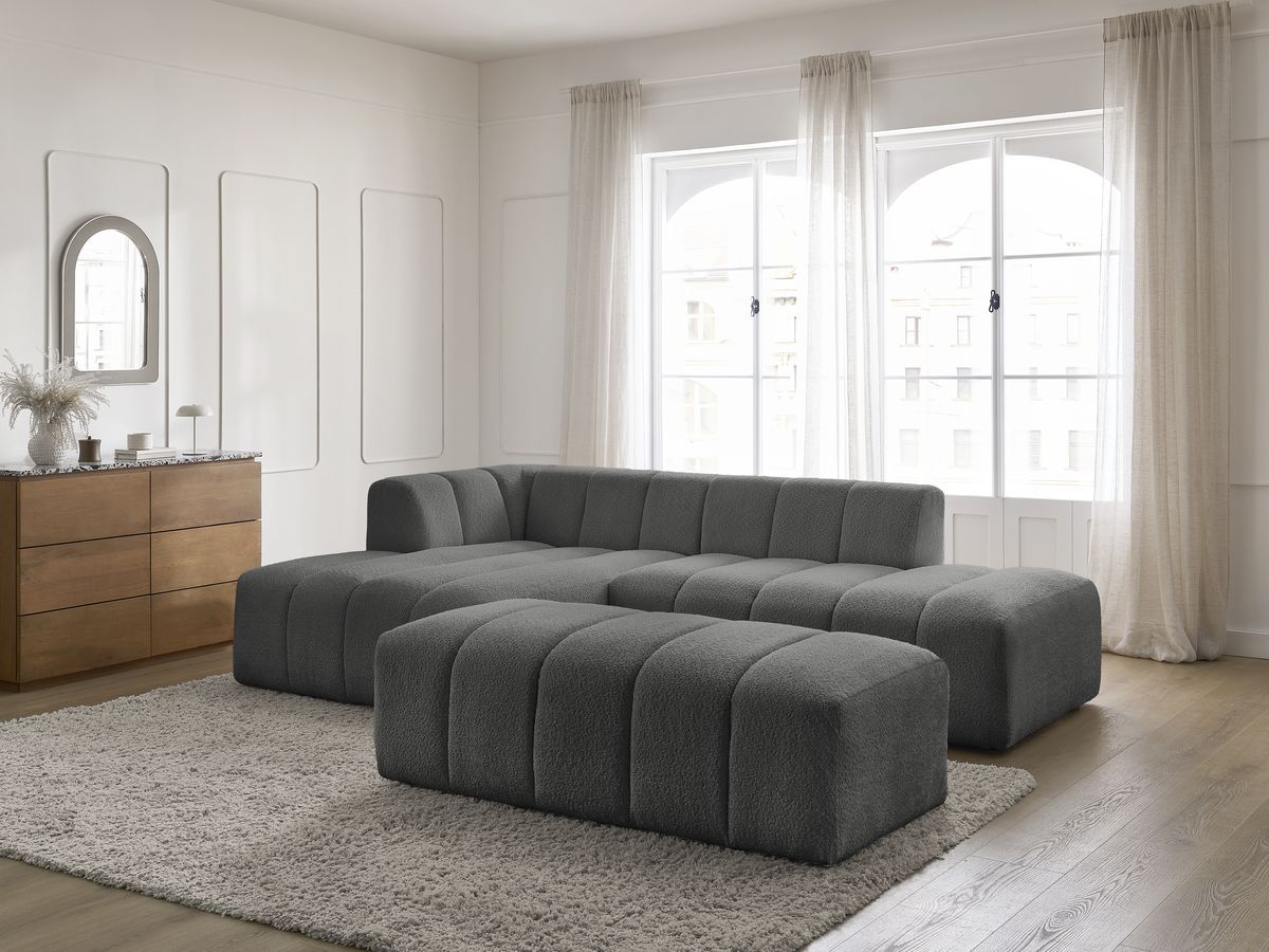 Canapé d'angle fixe modulable ANNECY tissu bouclette avec pouf