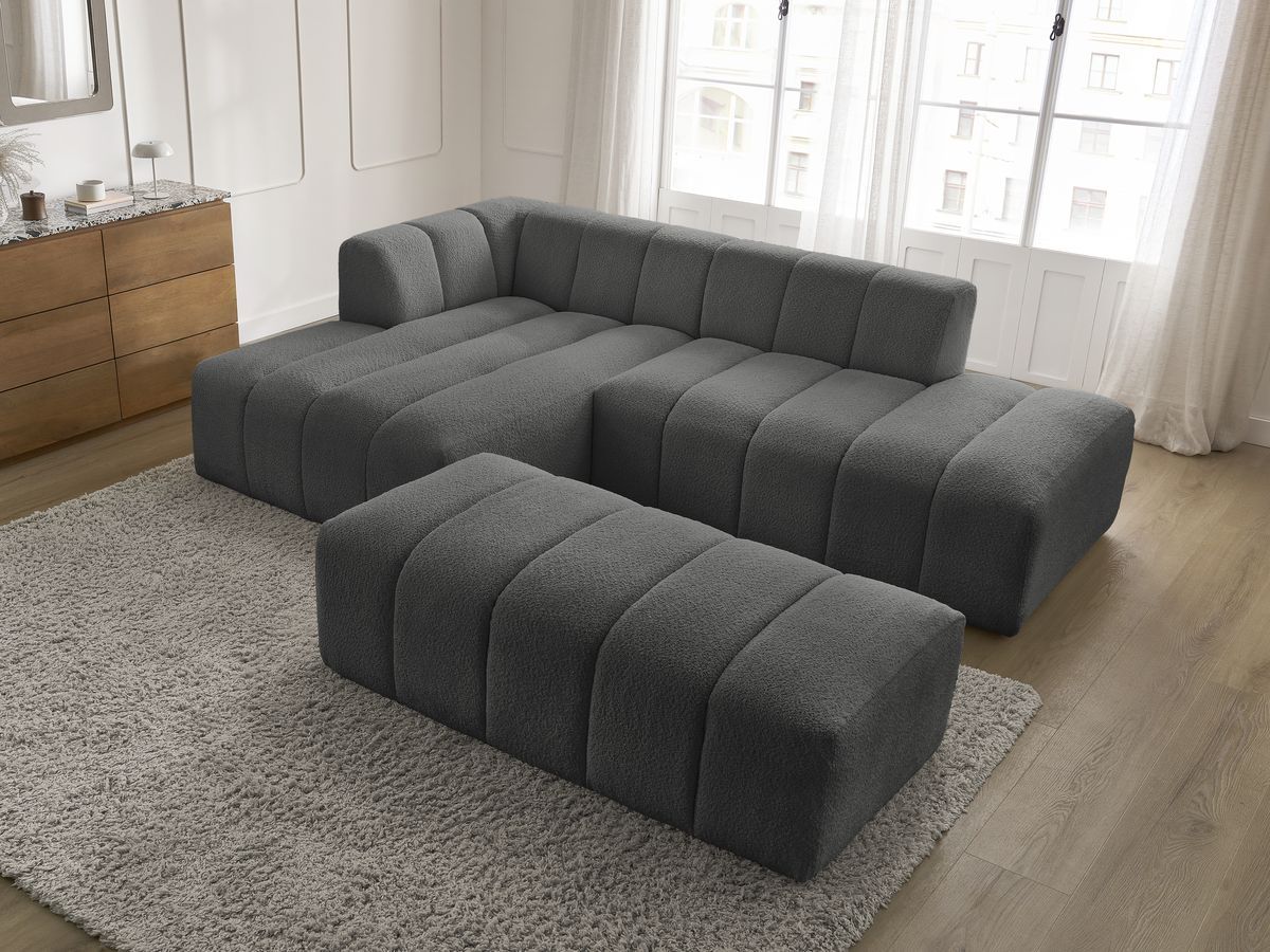 Canapé d'angle fixe modulable ANNECY tissu bouclette avec pouf