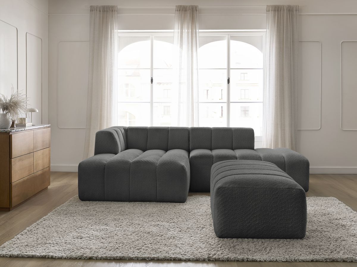 Canapé d'angle fixe modulable ANNECY tissu bouclette avec pouf