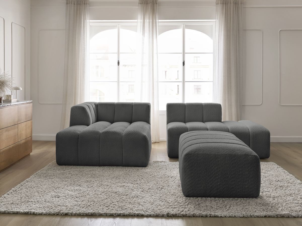 Canapé d'angle fixe modulable ANNECY tissu bouclette avec pouf