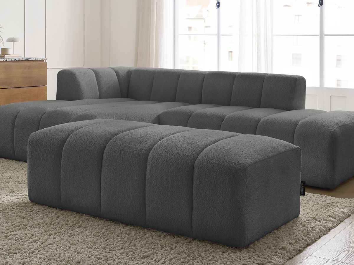 Canapé d'angle fixe modulable ANNECY tissu bouclette avec pouf