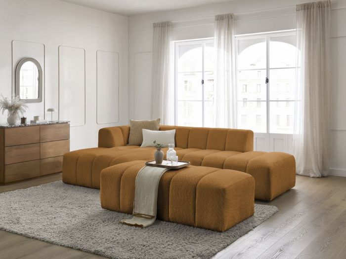 Canapé d'angle fixe modulable ANNECY tissu bouclette avec pouf