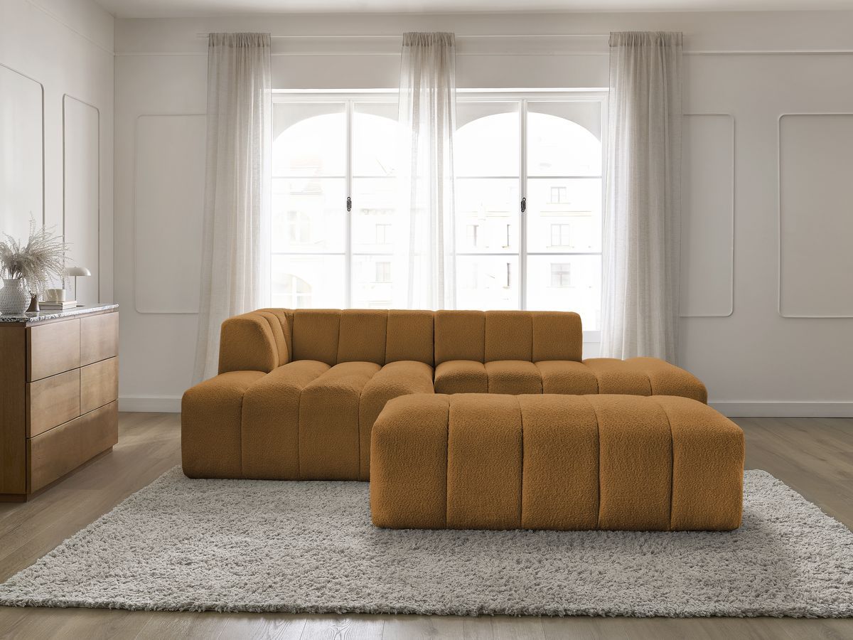 Canapé d'angle fixe modulable ANNECY tissu bouclette avec pouf jaune angle gauche BOBOCHIC 4 places - Vue supplémentaire 3