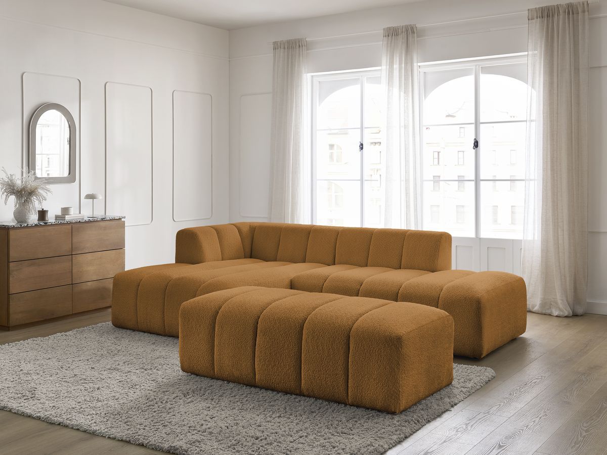 Canapé d'angle fixe modulable ANNECY tissu bouclette avec pouf