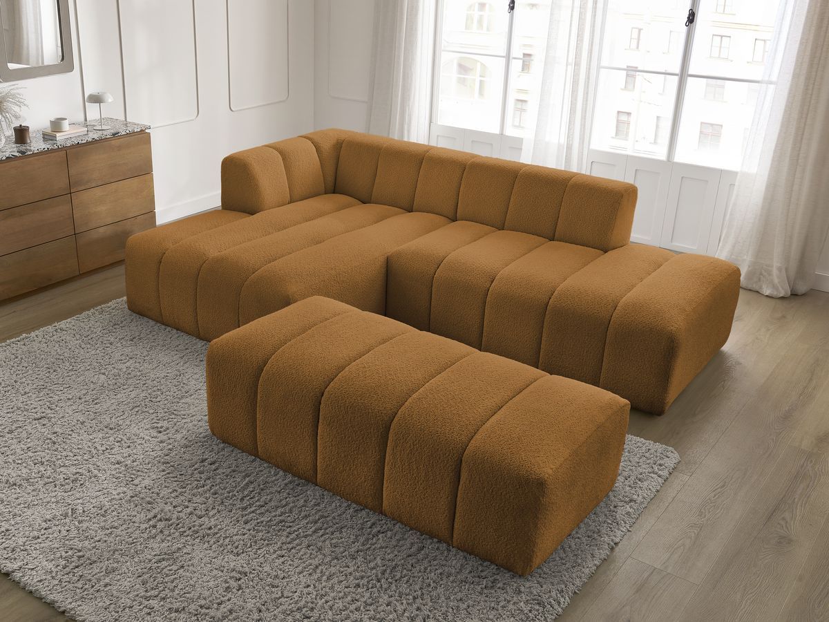 Canapé d'angle fixe modulable ANNECY tissu bouclette avec pouf