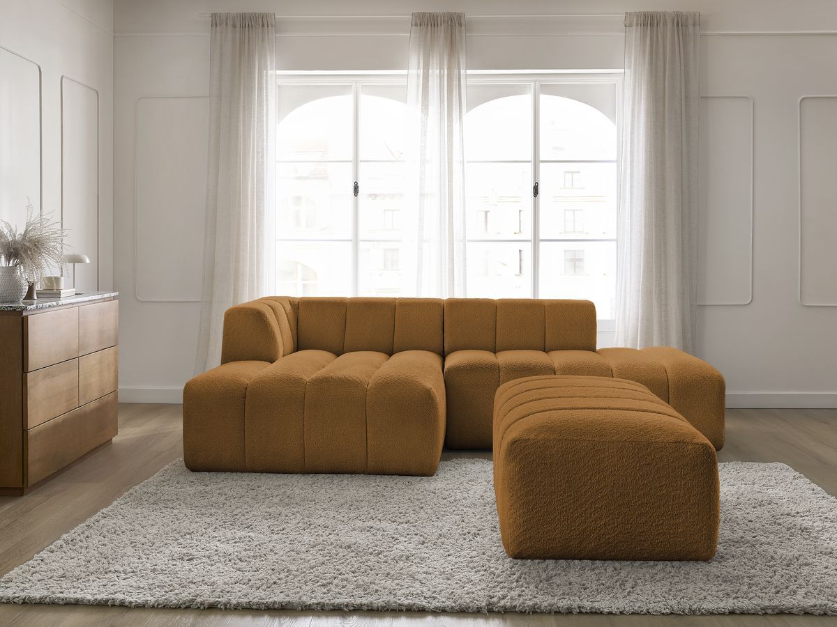 Canapé d'angle fixe modulable ANNECY tissu bouclette avec pouf