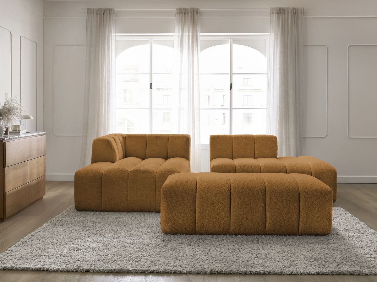 Canapé d'angle fixe modulable ANNECY tissu bouclette avec pouf