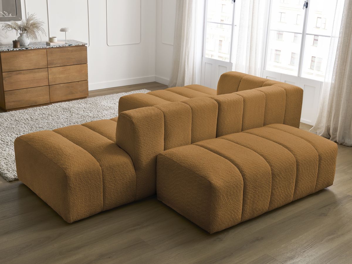 Canapé d'angle fixe modulable ANNECY tissu bouclette avec pouf